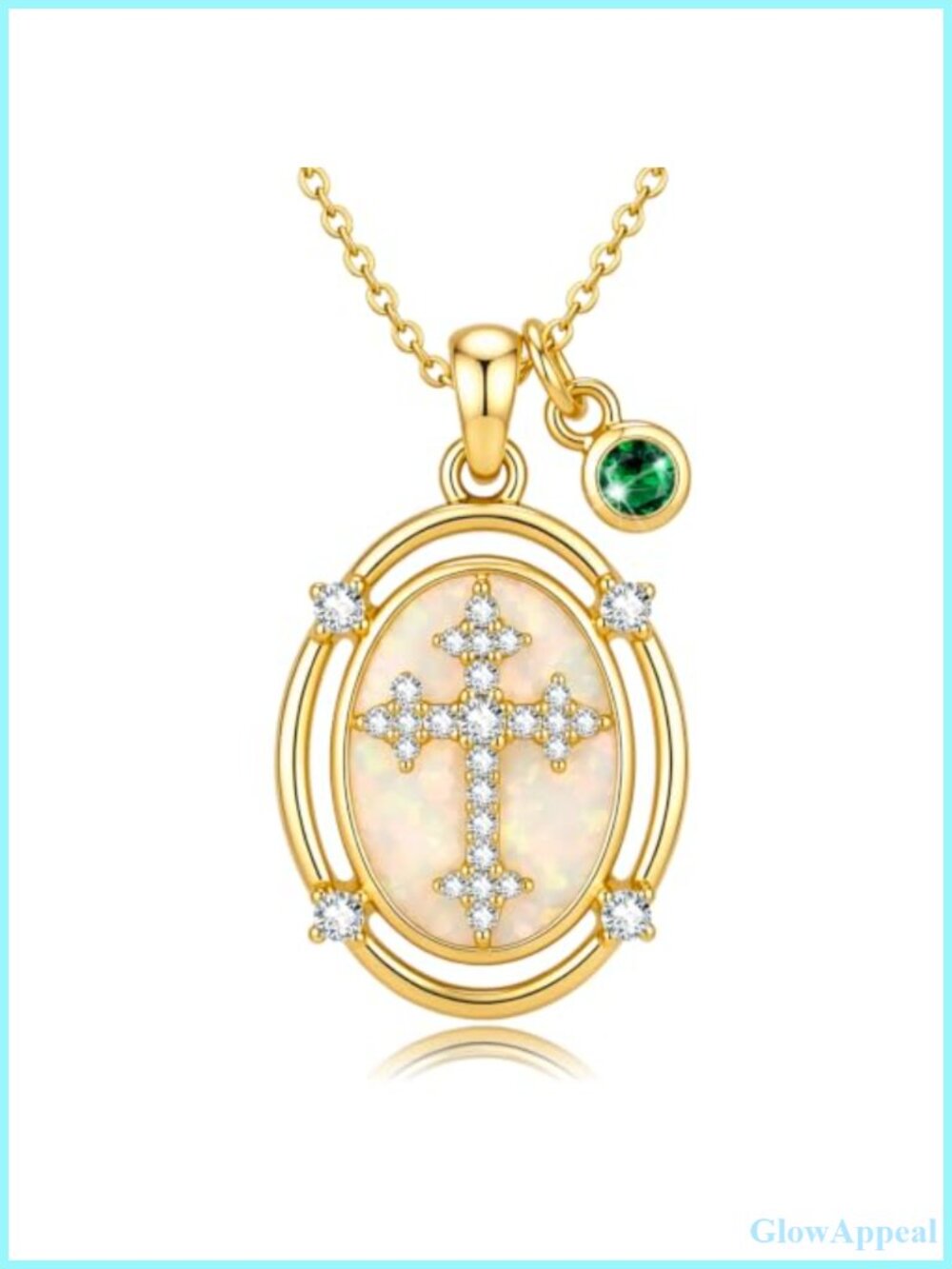 14K Gold Plated Opal Cross Birthstone Pendant Necklace 20"